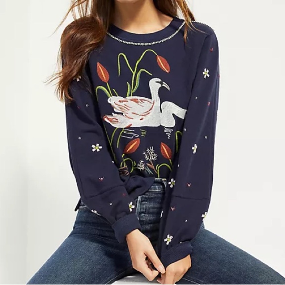Anthropologie swan lake sweatshirt beaded embroidered size large navy